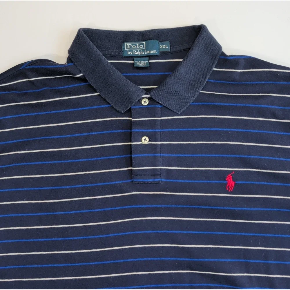 Vintage Ralph Lauren Polo Shirt Mens 2XL Navy Blue Striped Cotton Preppy XXL
